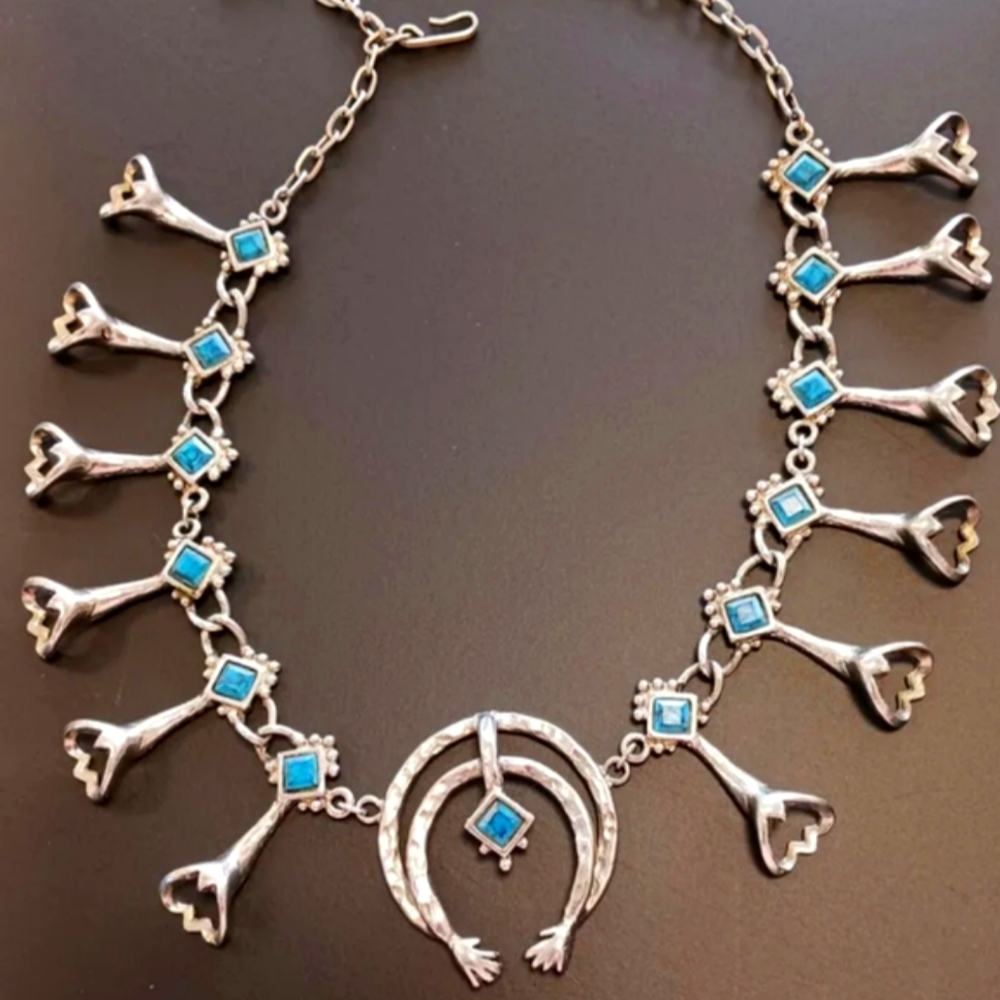 Silver tone Faux Turquoise  Necklace and Matching Clasp Earrings